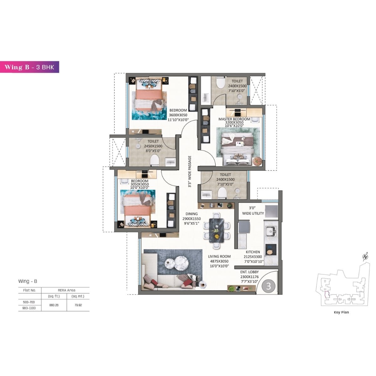 Kolte-Patil-Alora-Floor-Plan-Wing-B-3-BHK-860-sqft